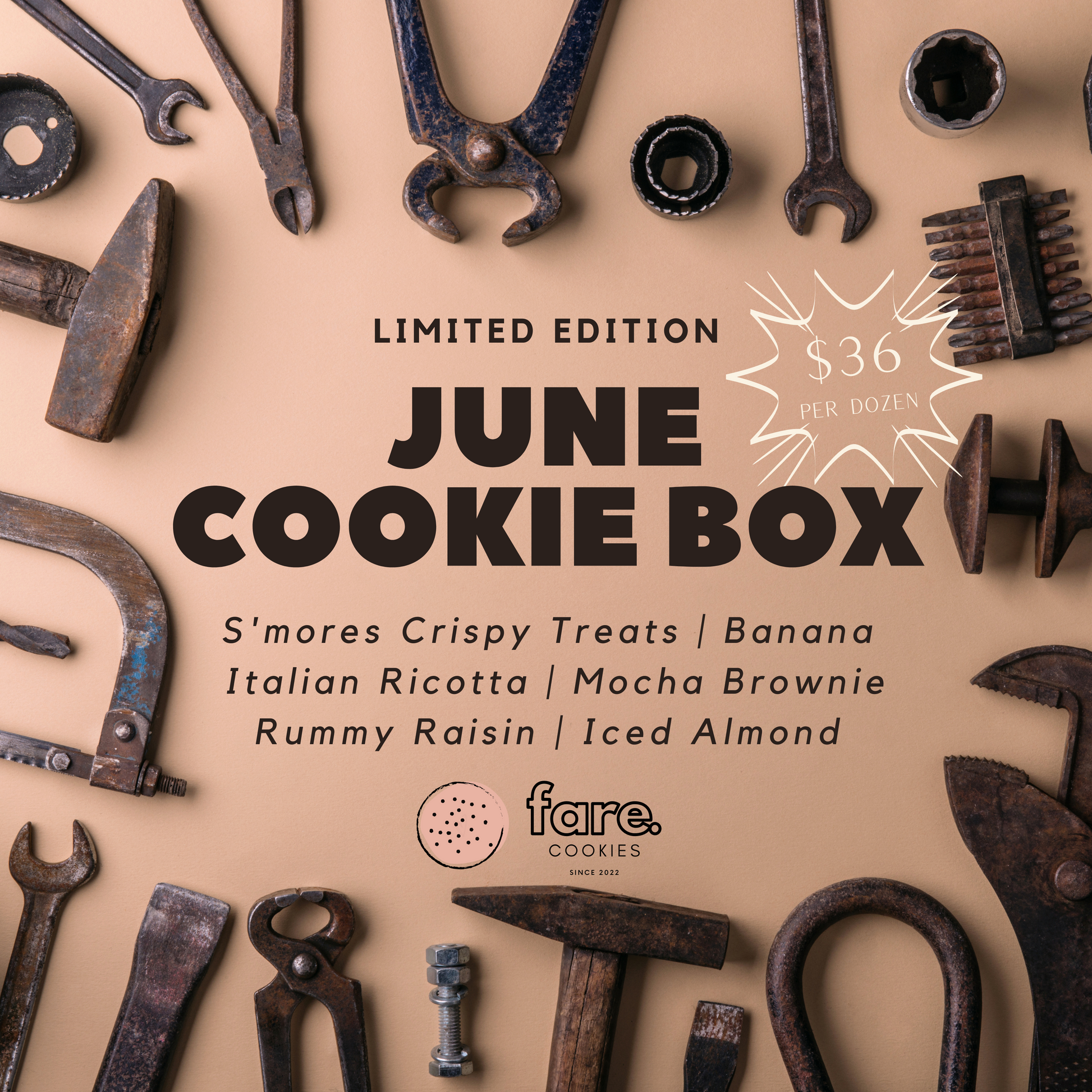 June Cookie Box Advertisement featuring Smores Crispy Treats, Banana Cookies, Italian Ricotta Cookies, Mocha Brownies, Rummy Raisin Oatmeal Cookies, & Iced Almond Cookies